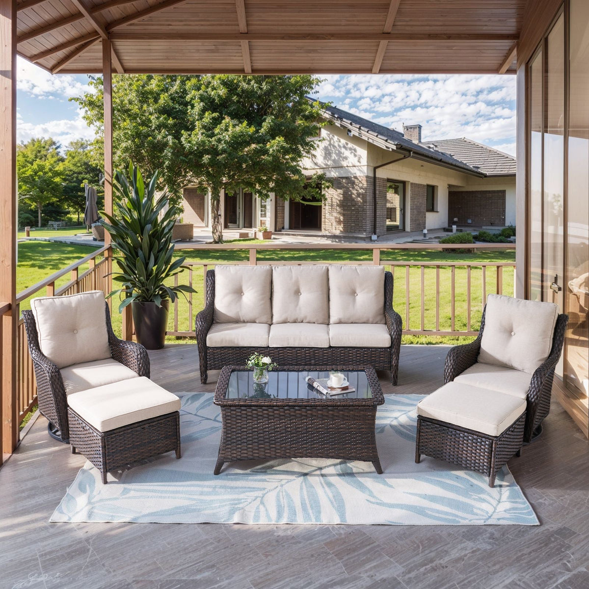 6-Piece Wicker Patio Set, Sofa, Swivel Glider Chairs & Table, NTC Series - Brown Wicker / Beige Cushion