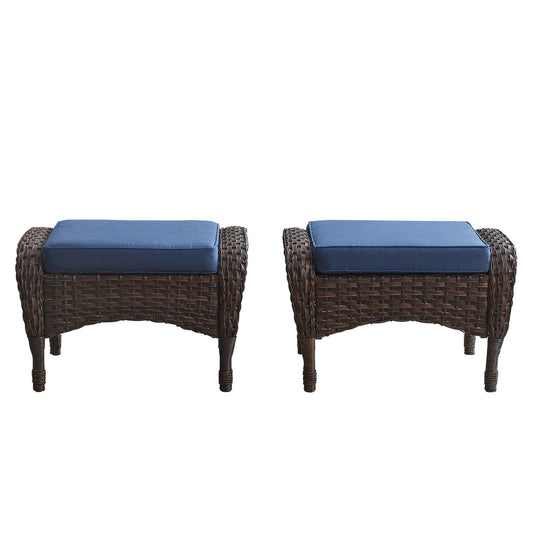 Outdoor Wicker Ottoman, NDS Series - Brown Wicker / Blue Cushion