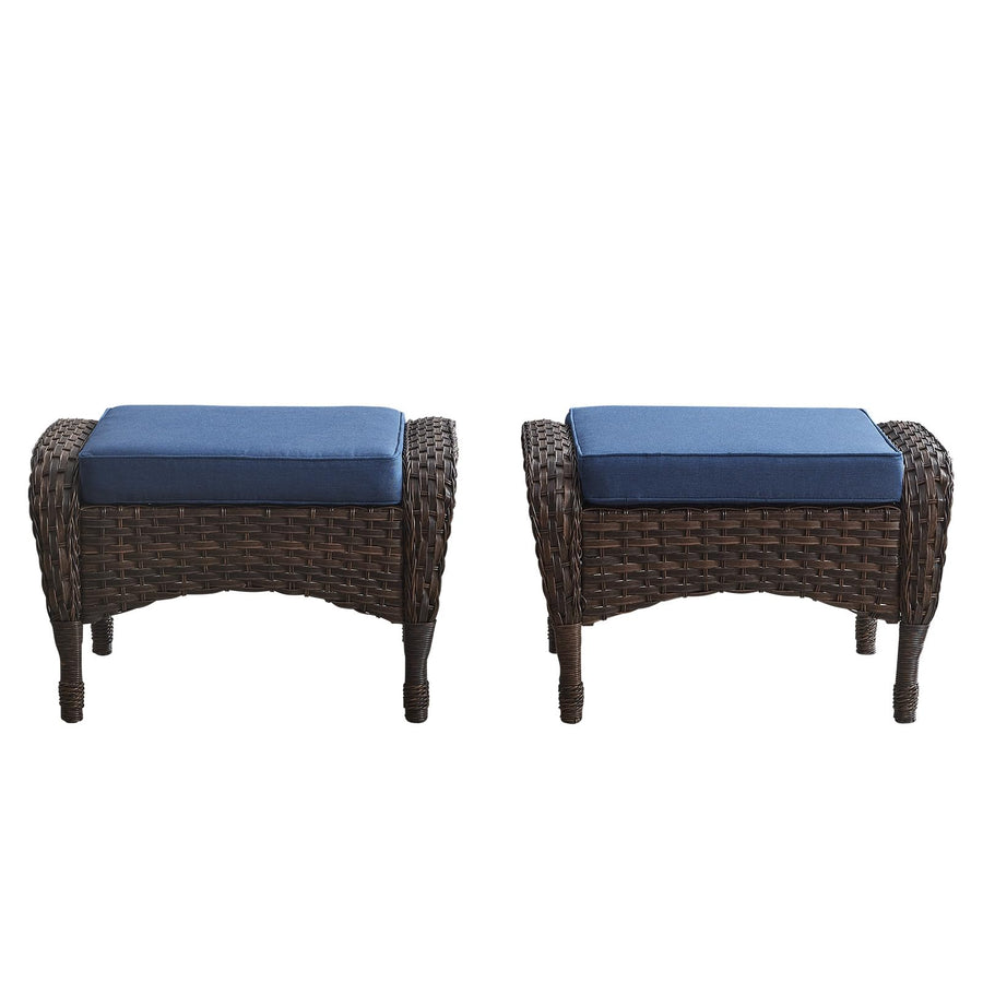 Outdoor Wicker Ottoman, NDS Series - Brown Wicker / Blue Cushion
