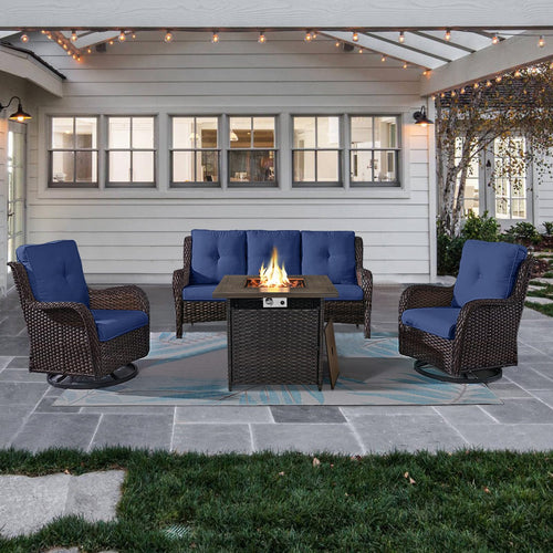 4-Piece Wicker Patio Set with Fire Pit Table, NTC Series - Brown Wicker / Blue Cushion