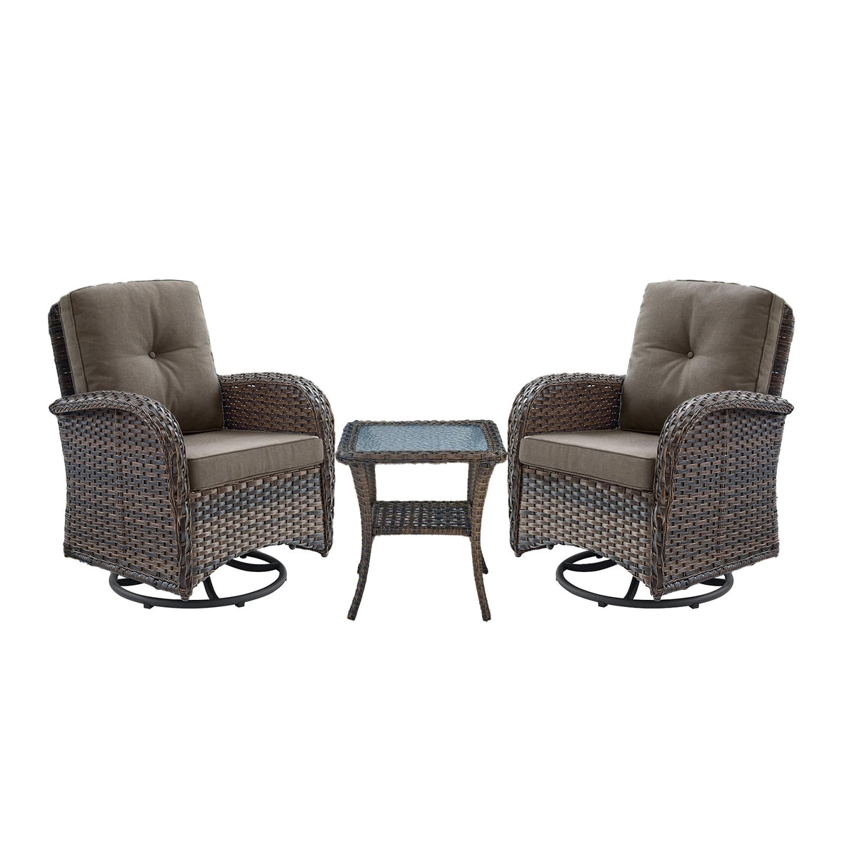 Swivel Glider Chairs Set with Side Table, NDS Series - Brown Wicker / Grey Cushion
