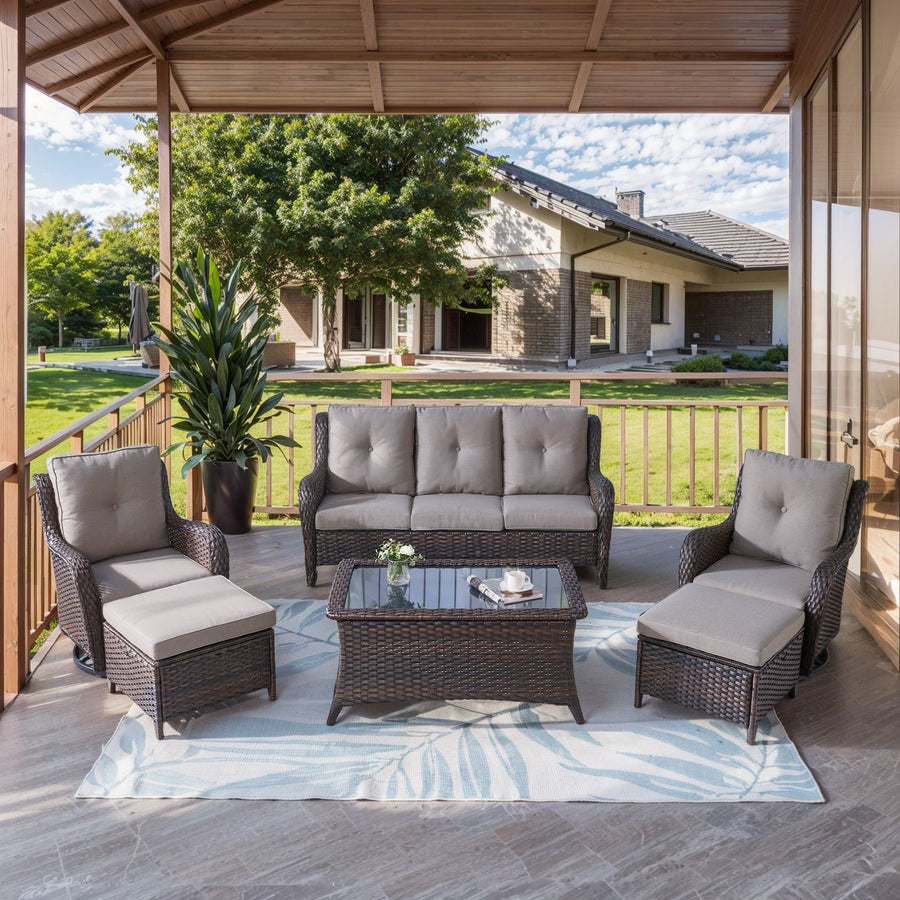 6-Piece Wicker Patio Set, Sofa, Swivel Glider Chairs & Table, NTC Series - Brown Wicker / Grey Cushion