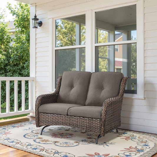 Outdoor Patio Wicker Glider Loveseat for Garden Backyard, NTC Series - Brown Wicker / Grey Cushion