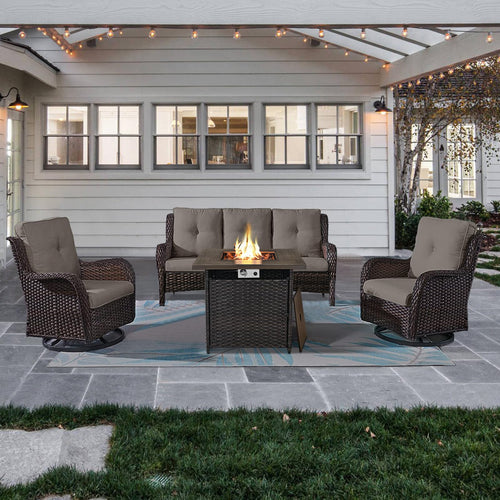 4-Piece Wicker Patio Set with Fire Pit Table, NTC Series - Brown Wicker / Grey Cushion