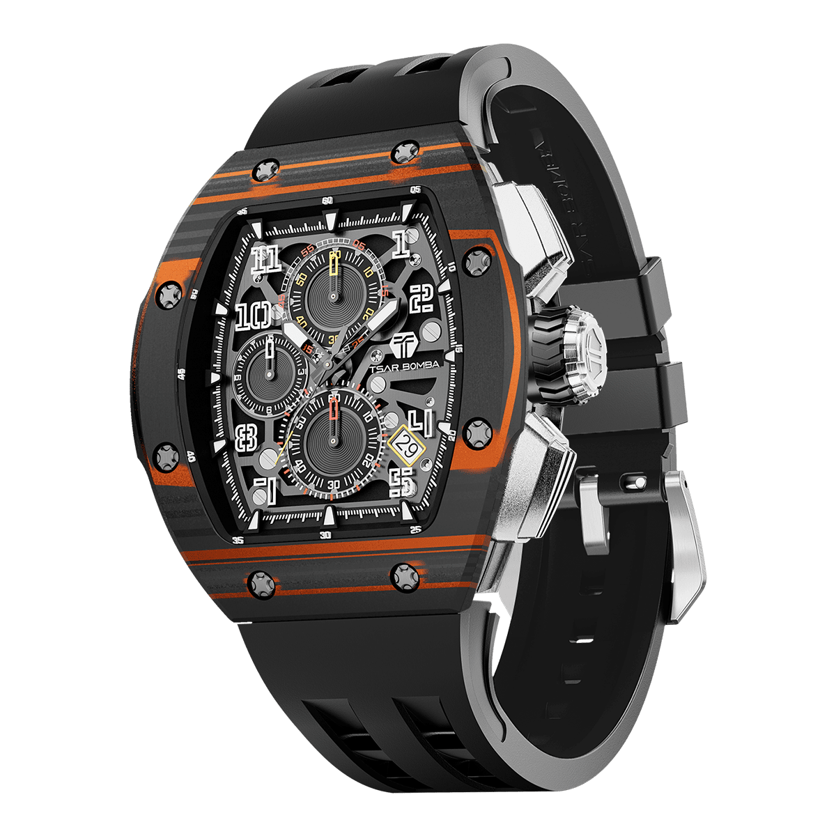 TSAR BOMBA Atomic TB8214CF Kohlefaser Chronograph de Quarz austauschbar Herrenuhr-Lünette aus Kohlefaser-intercahngeable Lünette;Armband;crown-Orange
