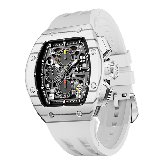 TSARBOMBA Atomic TB8214CF-white Men's Fashion Watch, tonneau-style, carbon fiber bezel and interchangeable accessories, 316L stainless steel case, 10A