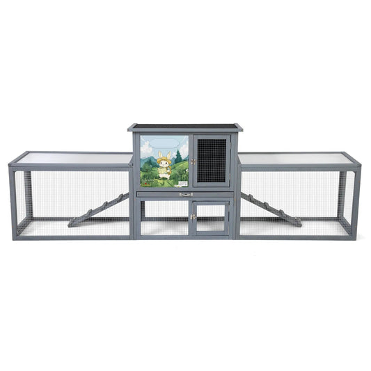 Coziwow 94.5″L 2-Story 3-Compartment Rabbit Hutch - Gray / Flat Roof / Standard