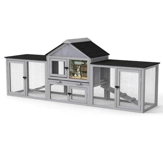 Coziwow 82″L 3-Compartment Double Rabbit Hutch - Gray / Patterned