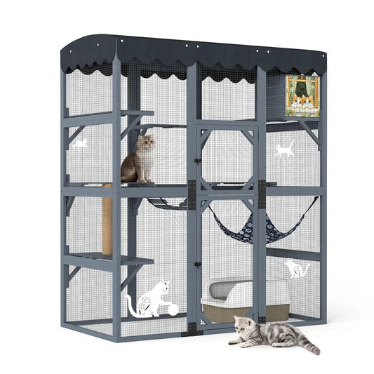 Coziwow 62"L Large Gray Wooden Cat Cage with Rainproof Cover & Scratching Post