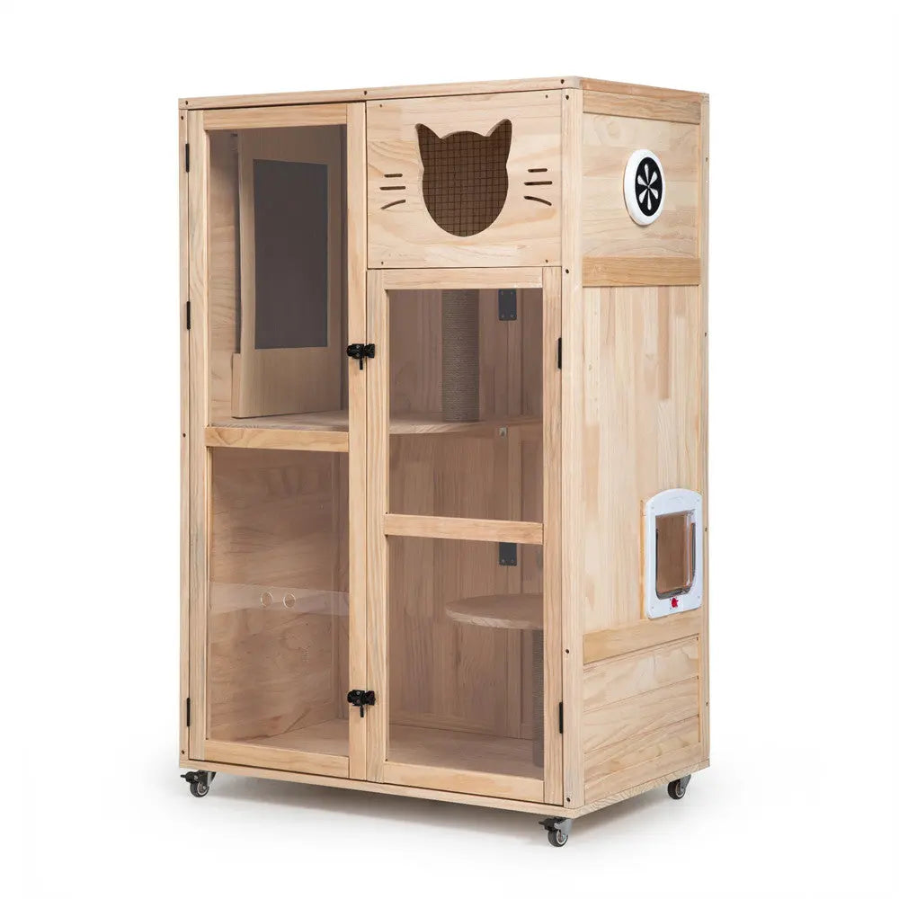 Coziwow 32.5"L Multi-Level Solid Wood Cat Cabinet - Beige