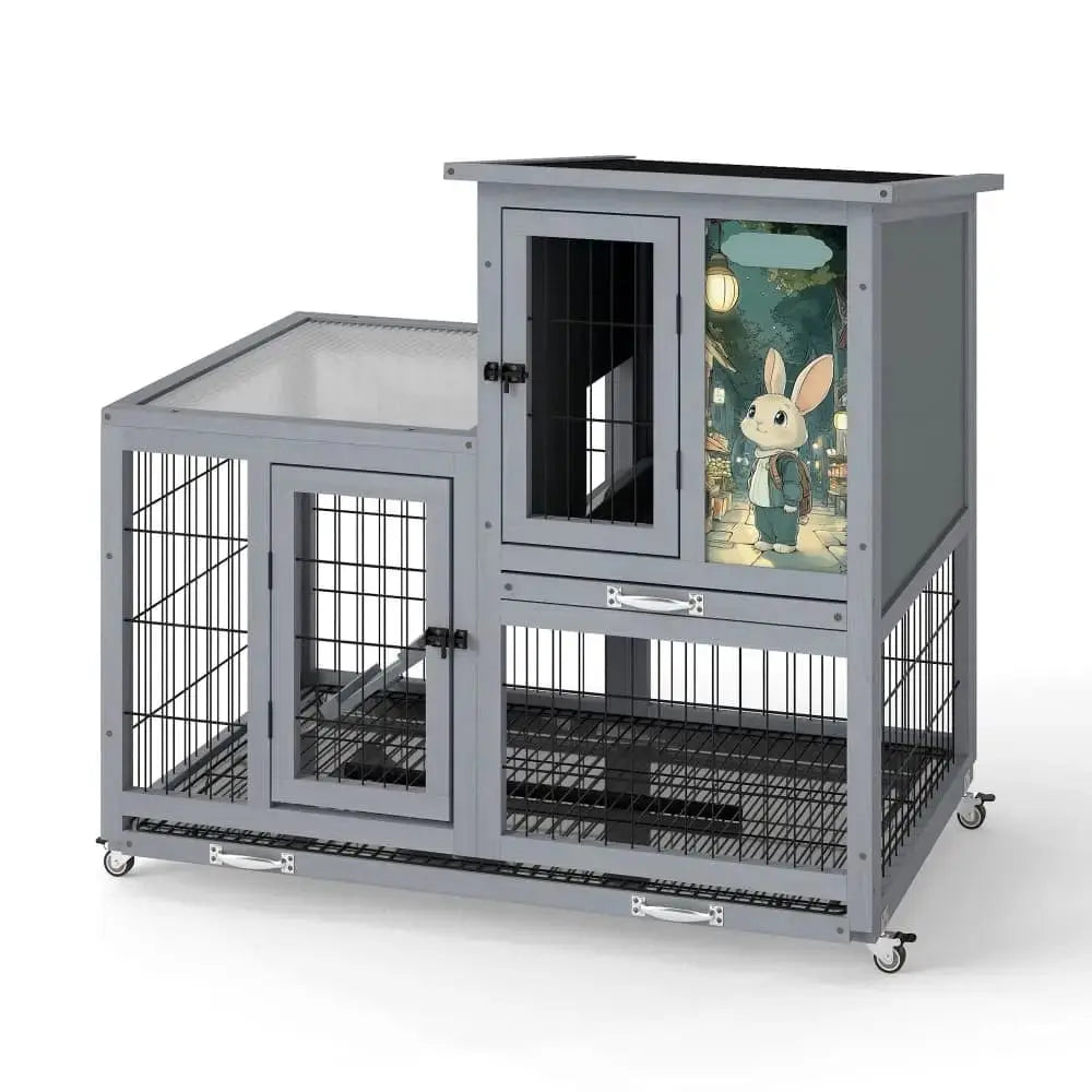 Coziwow 39″L 2-Tier Wheeled Wooden Bunny Hutch - Gray / Patterned