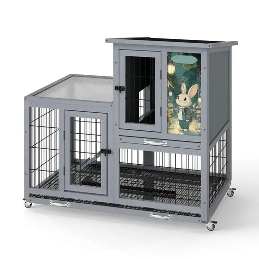 Coziwow 39″L 2-Tier Wheeled Wooden Bunny Hutch - Gray / Patterned