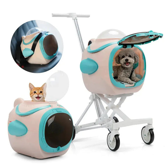 Coziwow Pink Space Capsule Pet Stroller with 360° Rotating Wheels & Fresh Air Fan