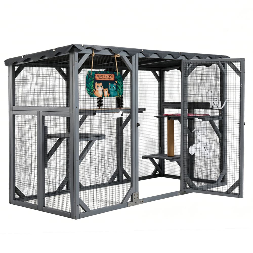 Coziwow 62.6"L Wooden Outdoor Cat Enclosure with PVC Weather Tarp