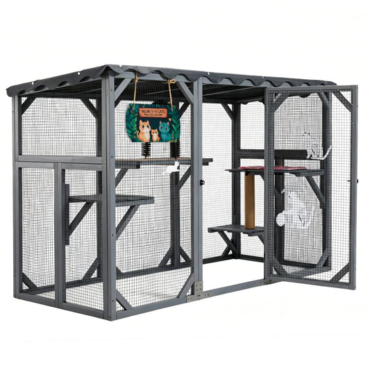 Coziwow 62.6"L Wooden Outdoor Cat Enclosure with PVC Weather Tarp