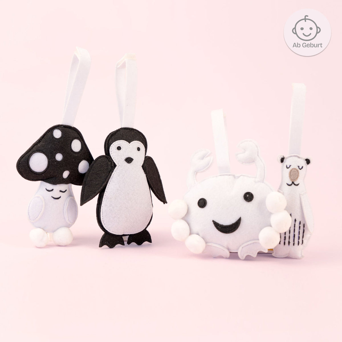 Kontrast Anhänger – Pilz, Pinguin, Krabbe und Eisbär, ab Geburt