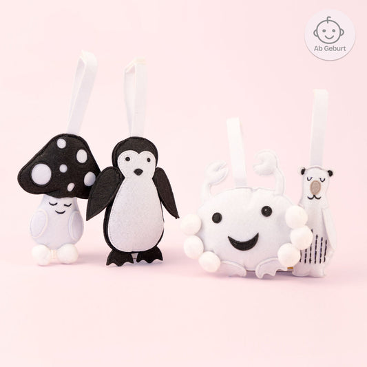 Kontrast Anhänger – Pilz, Pinguin, Krabbe und Eisbär, ab Geburt