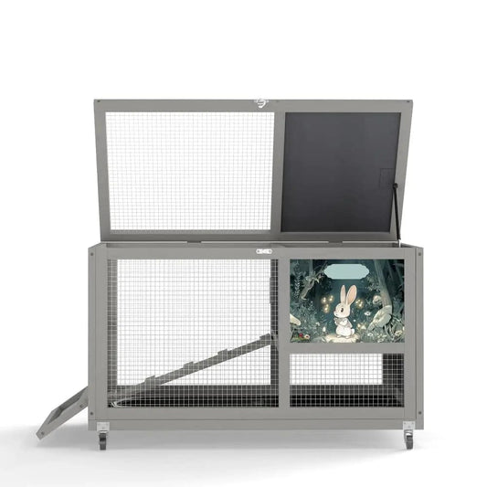 Coziwow 35"L Wheeled Wooden Cage for Rabbits - Gray / Patterned