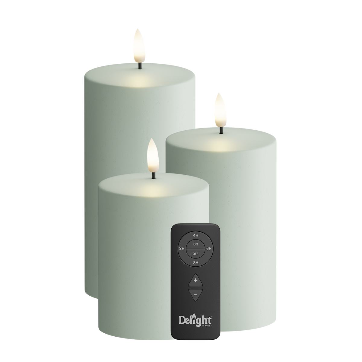 Draußen LED Blockkerzen 3er-Pack, Ø 7,5 x 10/12,5/15 cm Salbeigrün