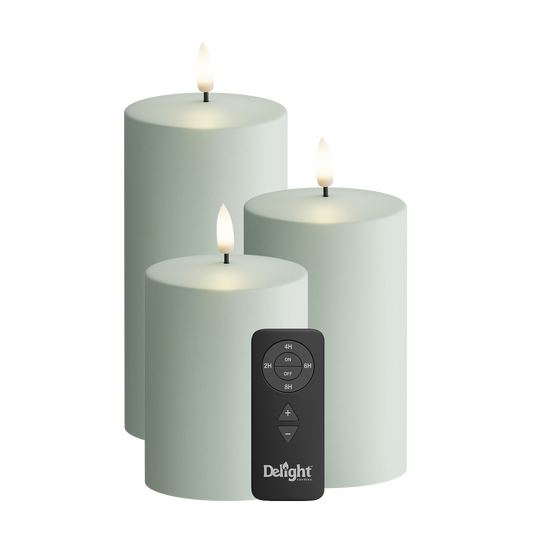 Draußen LED Blockkerzen 3er-Pack, Ø 7,5 x 10/12,5/15 cm Salbeigrün
