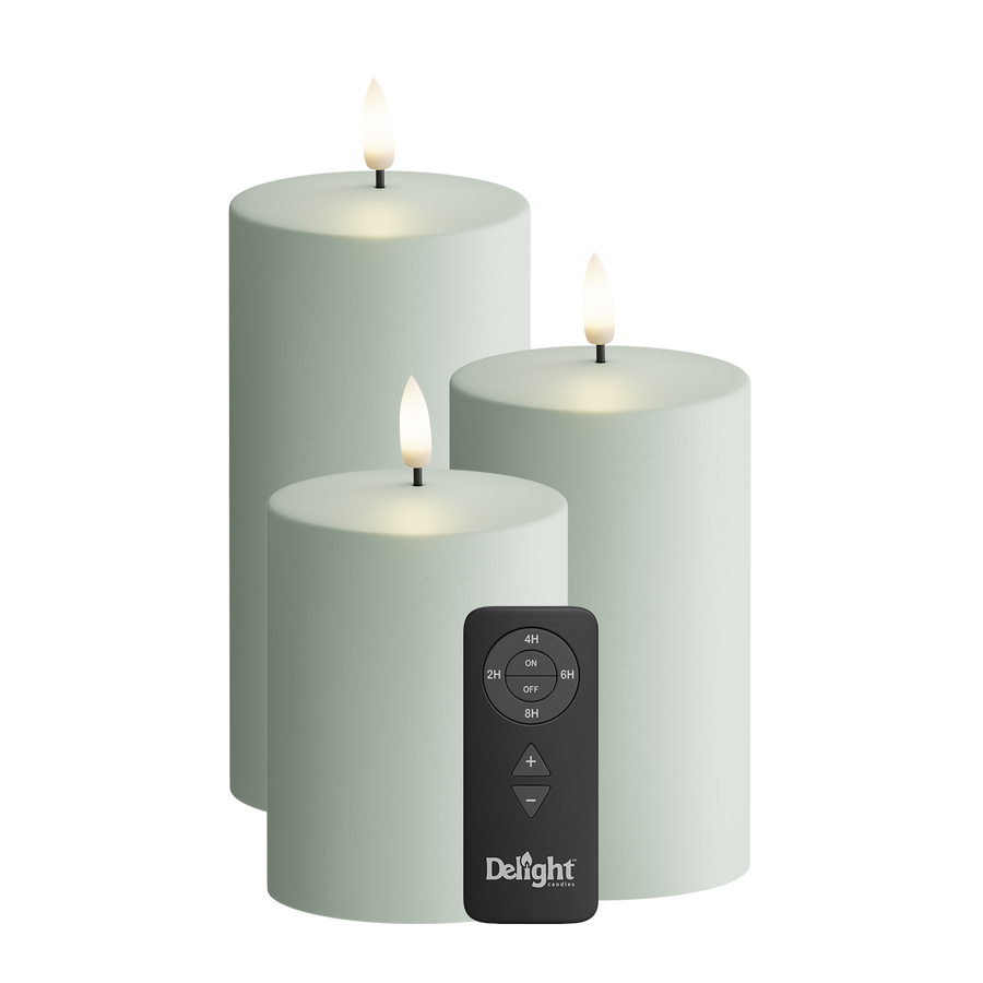Draußen LED Blockkerzen 3er-Pack, Ø 7,5 x 10/12,5/15 cm Salbeigrün