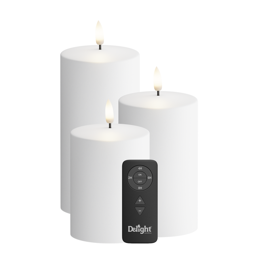 Draußen LED Blockkerzen 3er-Pack, Ø 7,5 x 10/12,5/15 cm Weiß