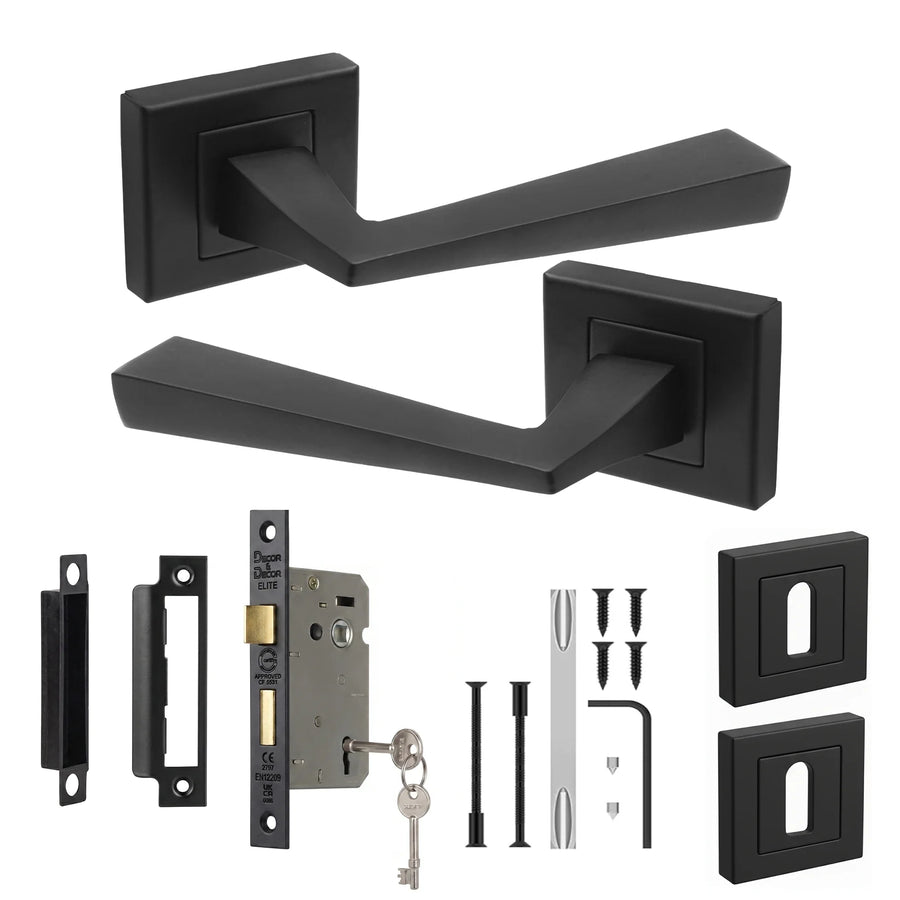 Helix Matt Black Privacy Door Lever Handles - Sash Lock Kit 64mm