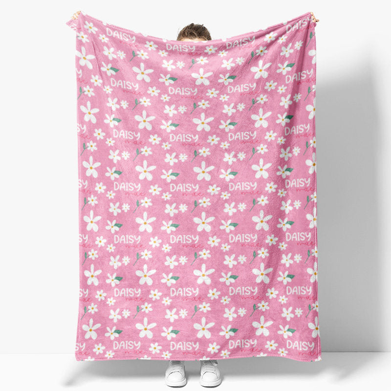 Aperturee Personalized Name Blanket for Girl, Custom Baby Blanket with Daisy, Pink Floral Nursery Decor Swaddle