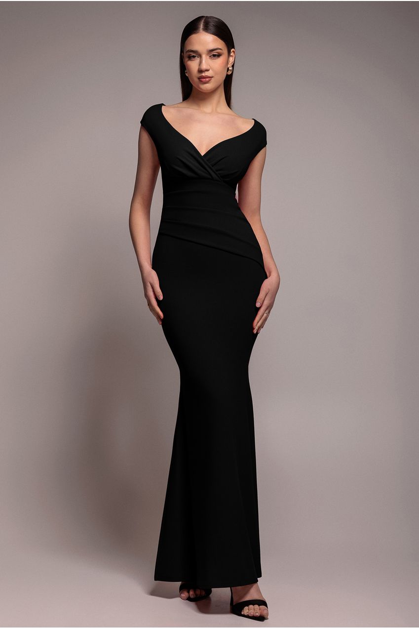 Goddiva Bardot Pleated Maxi Dress - Black