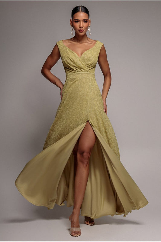 Goddiva Crossover Lurex Glitter Maxi Dress - Gold