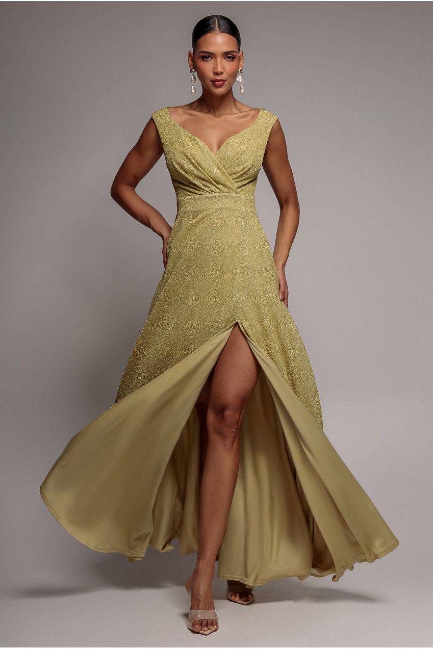 Goddiva Crossover Lurex Glitter Maxi Dress - Gold