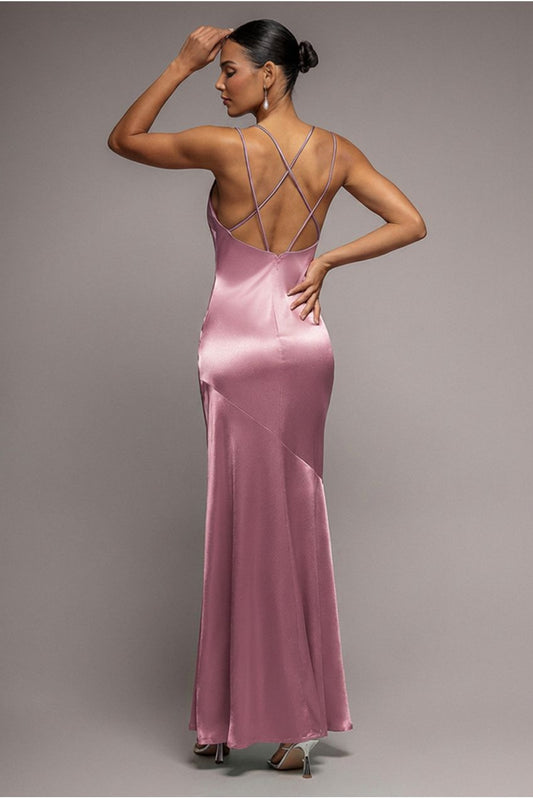 Cowl Neck With Strappy Back Satin Maxi - Blush by Goddiva