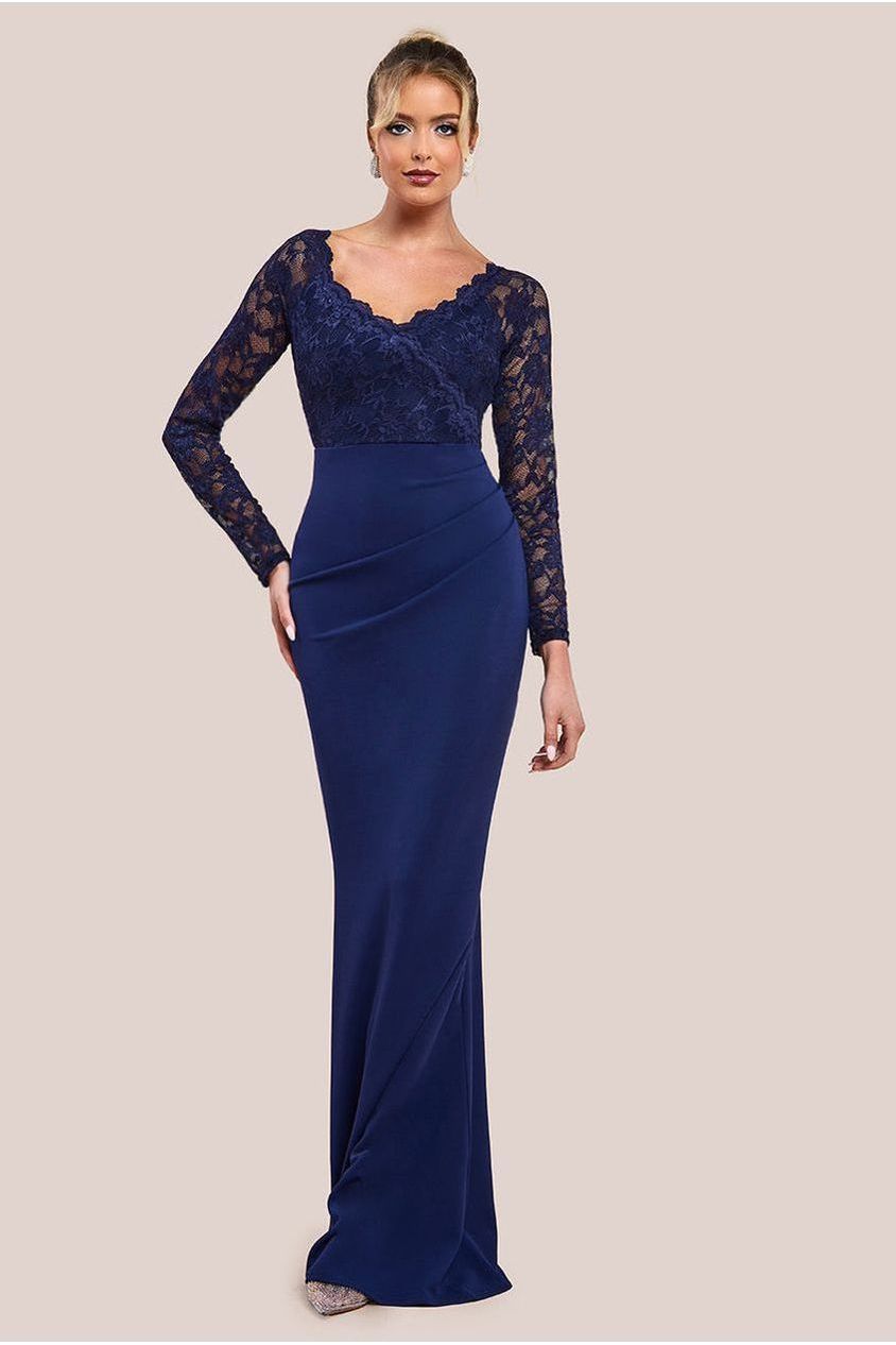 Scalloped Lace & Scuba Maxi Dress - Navy by Goddiva