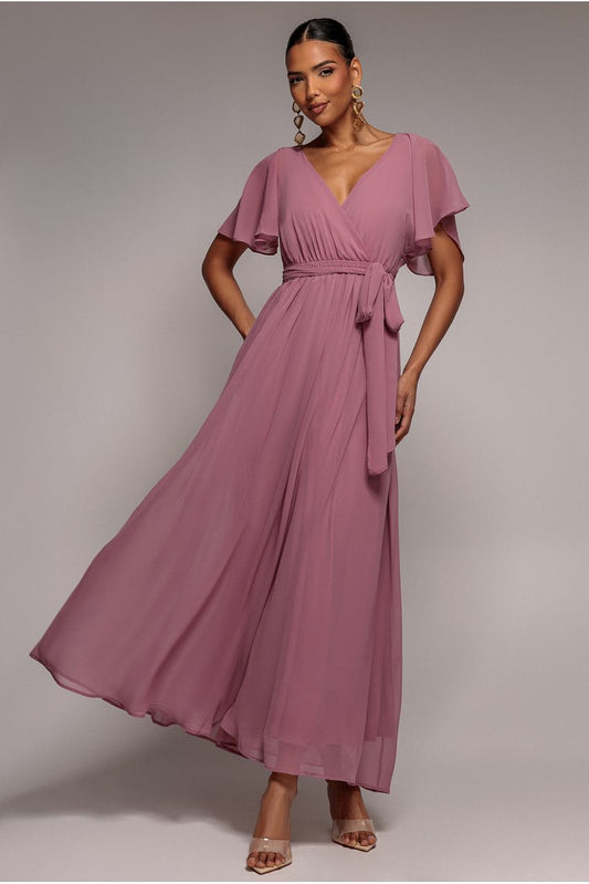 Goddiva Sustainable Chiffon Flutter Sleeve Wrap Maxi Dress - Lavender