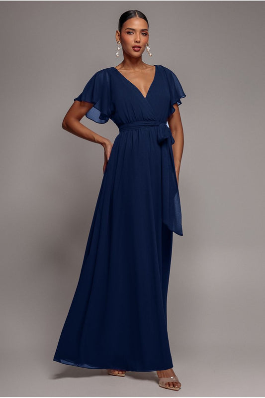 Goddiva Sustainable Chiffon Flutter Sleeve Wrap Maxi Dress - Navy