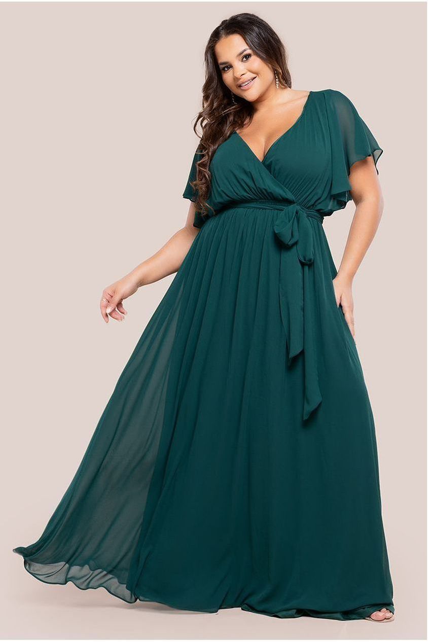 Flutter Sleeve Wrap Maxi Dress - Emerald Green by Goddiva Plus