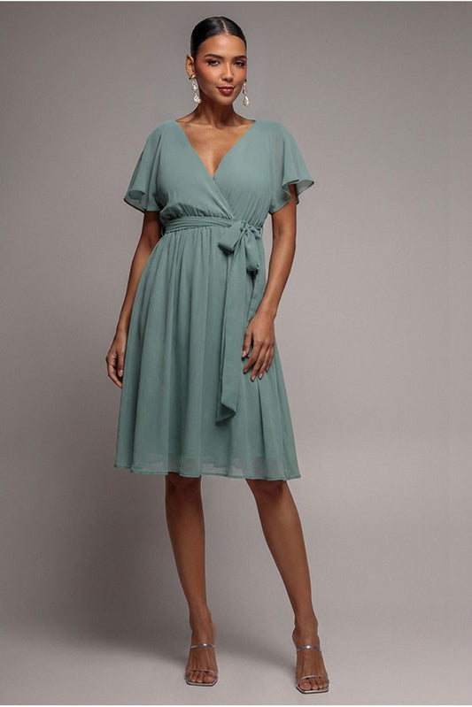Goddiva Sustainable Flutter Sleeve Chiffon Wrap Midi Dress - Sage Green