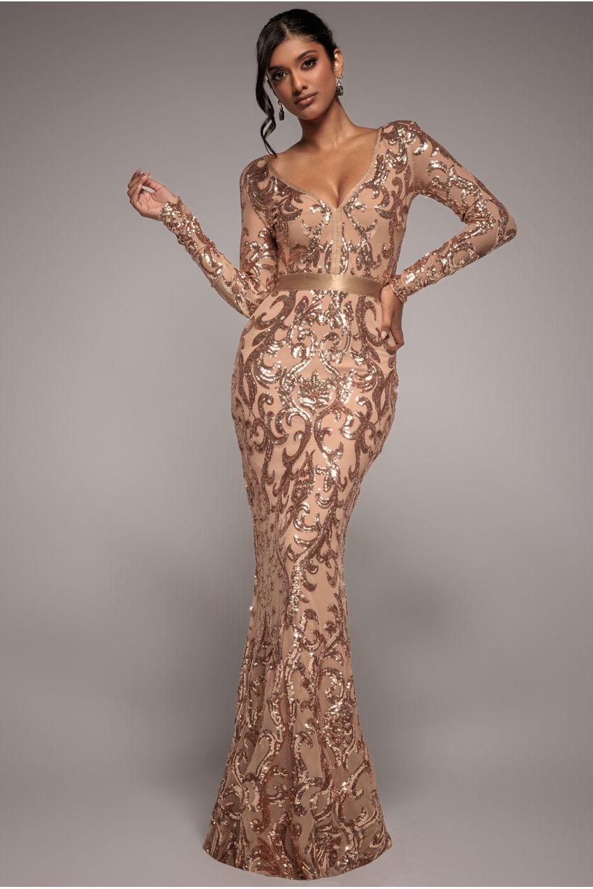 Embroidered Sequin & Mesh Maxi Dress - Champagne by Goddiva