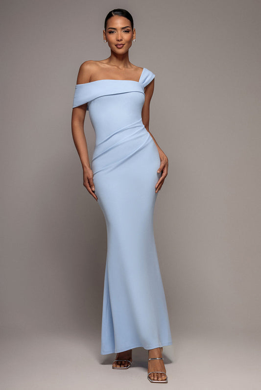 Off The Shoulder Pleated Waist Maxi Dress - Powder Blue by Goddiva