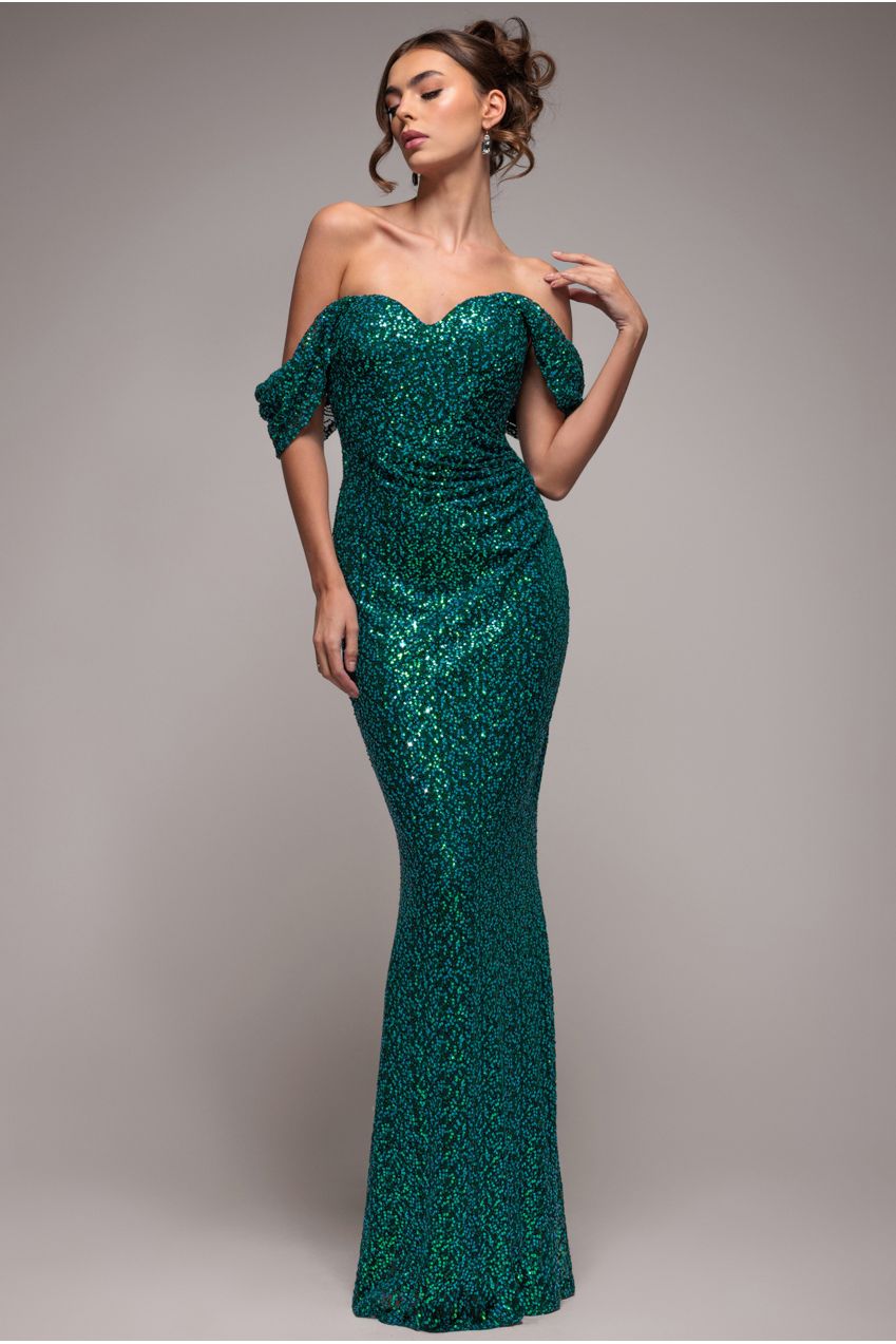 Goddiva Off The Shoulder Sequin Wing Maxi - Emerald Green