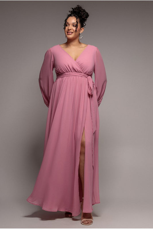 Wrap Back With Front Slit Chiffon Maxi Dress - Dusty Pink by Goddiva Plus