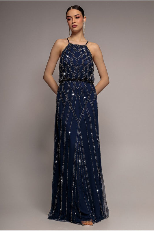 Goddiva Racer Neck Sleeveless Hand Embellished Sequin Maxi Dress - Navy Blue