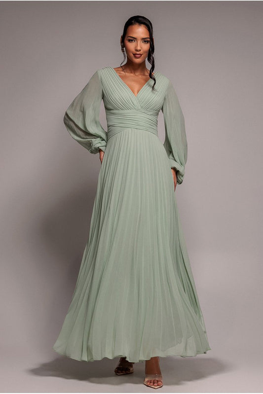 Goddiva Balloon Sleeve Chiffon Maxi Dress  - Sage Green