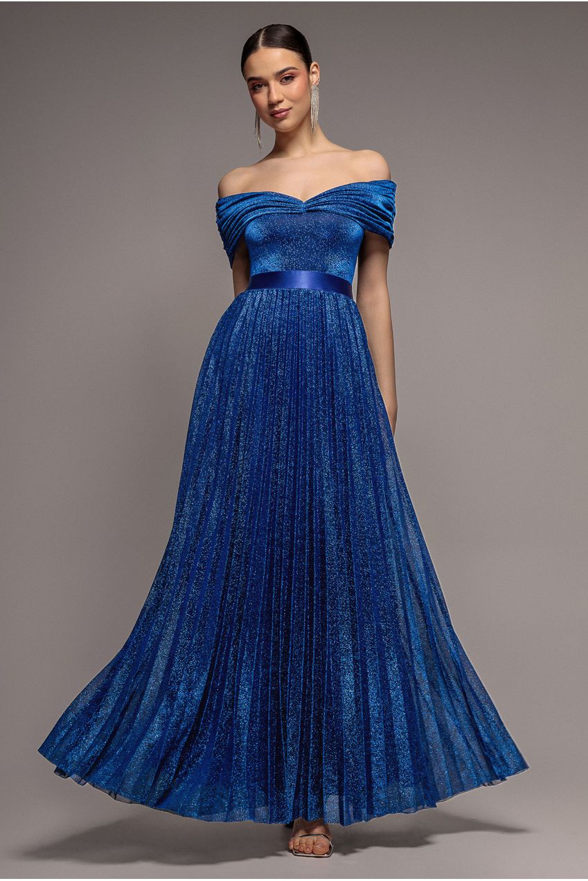 Goddiva Bardot Pleated Skirt Maxi Dress - Royalblue