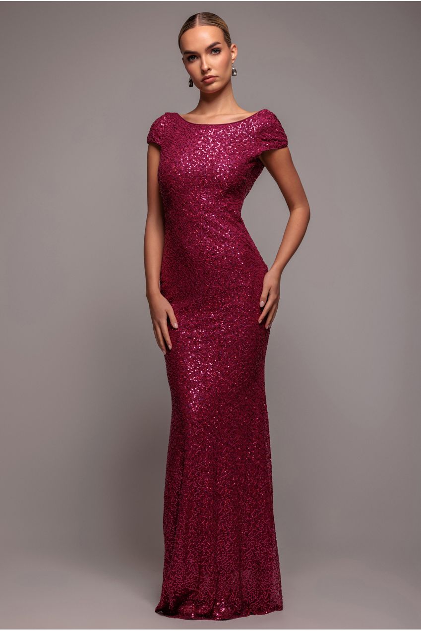 Goddiva Cowl Back Sequin Maxi - Burgundy