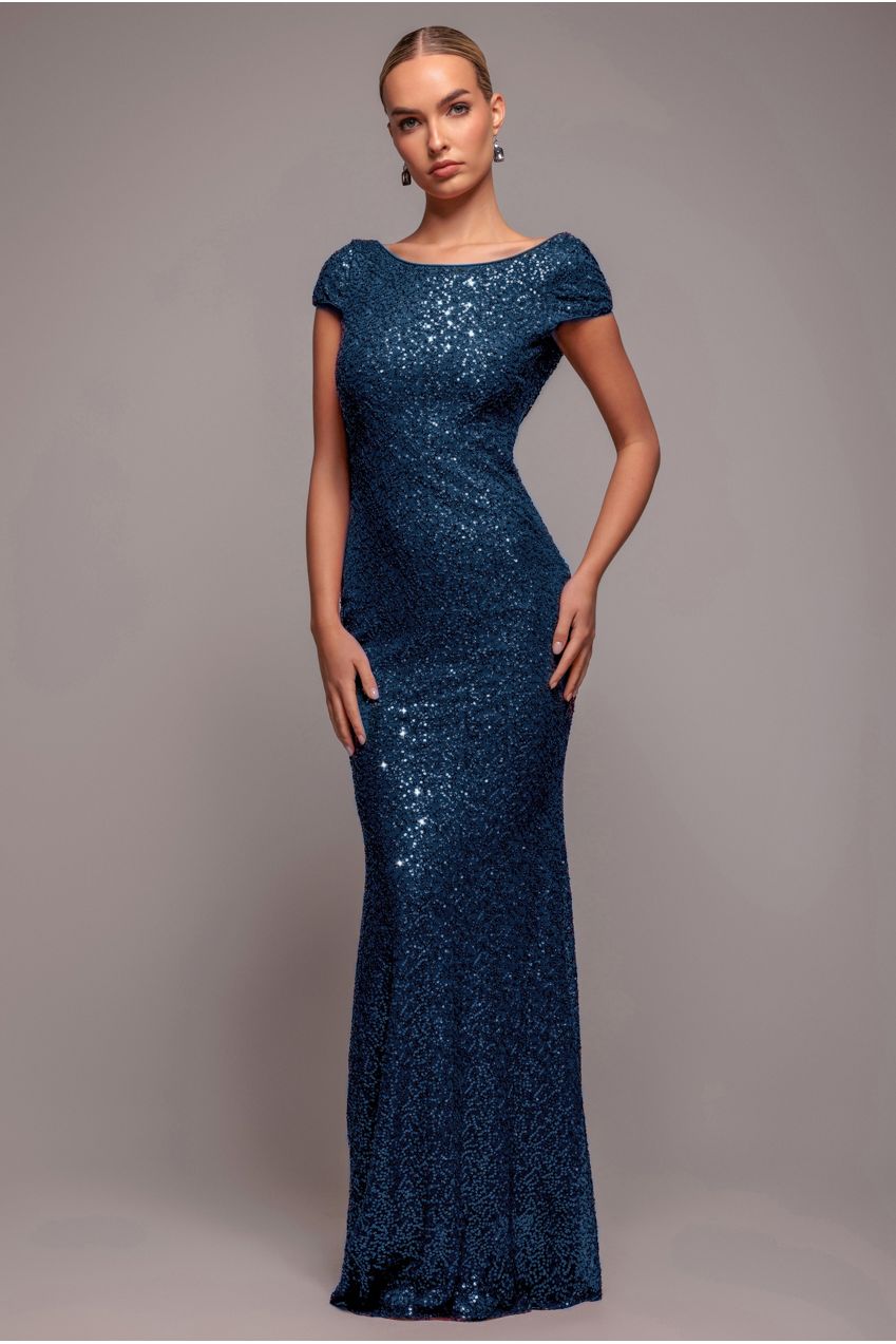 Cowl Back Sequin Maxi Dress - Navy by Goddiva