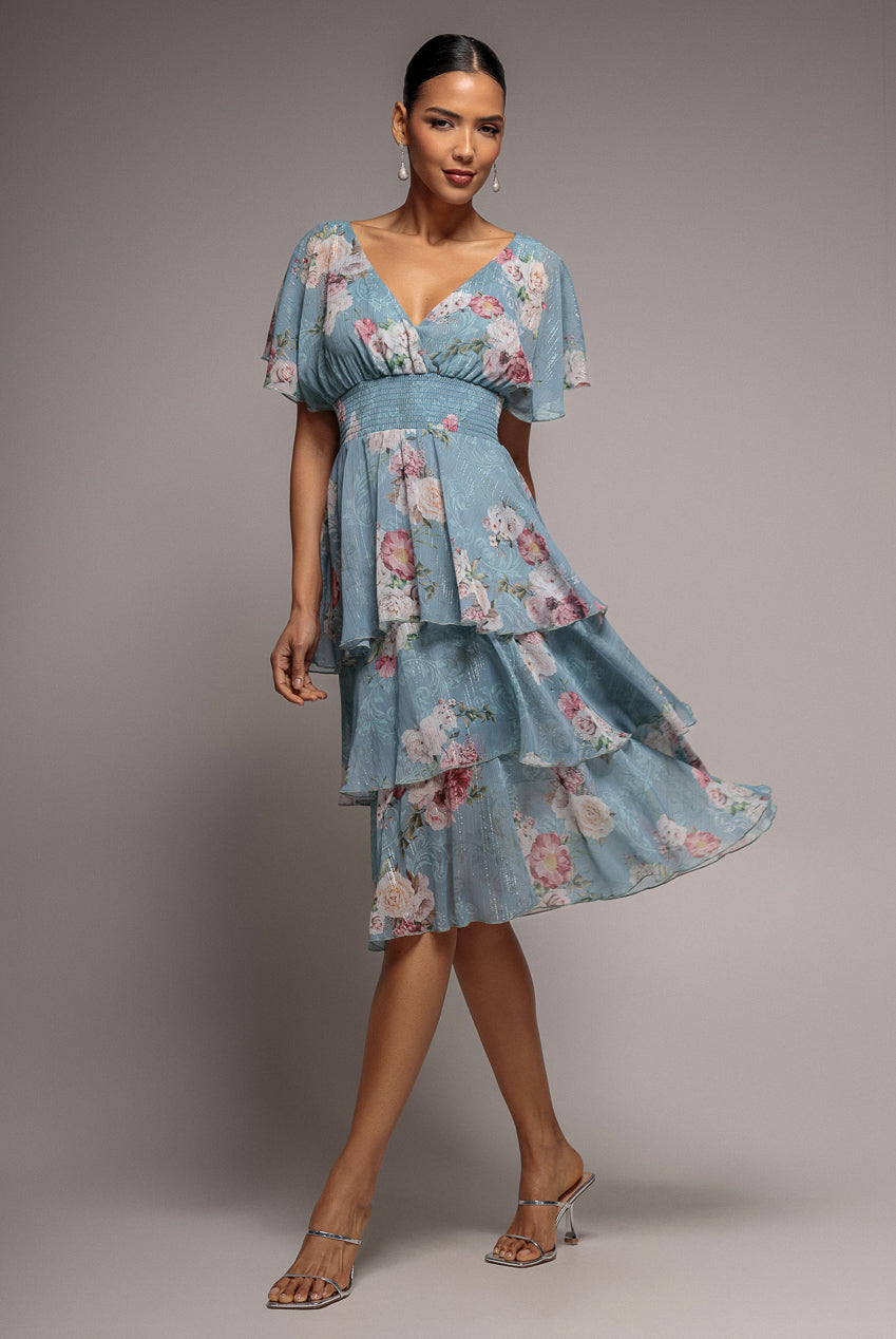 Layered Floral Midi With Flutter Sleeves - Airforce Blue by Goddiva