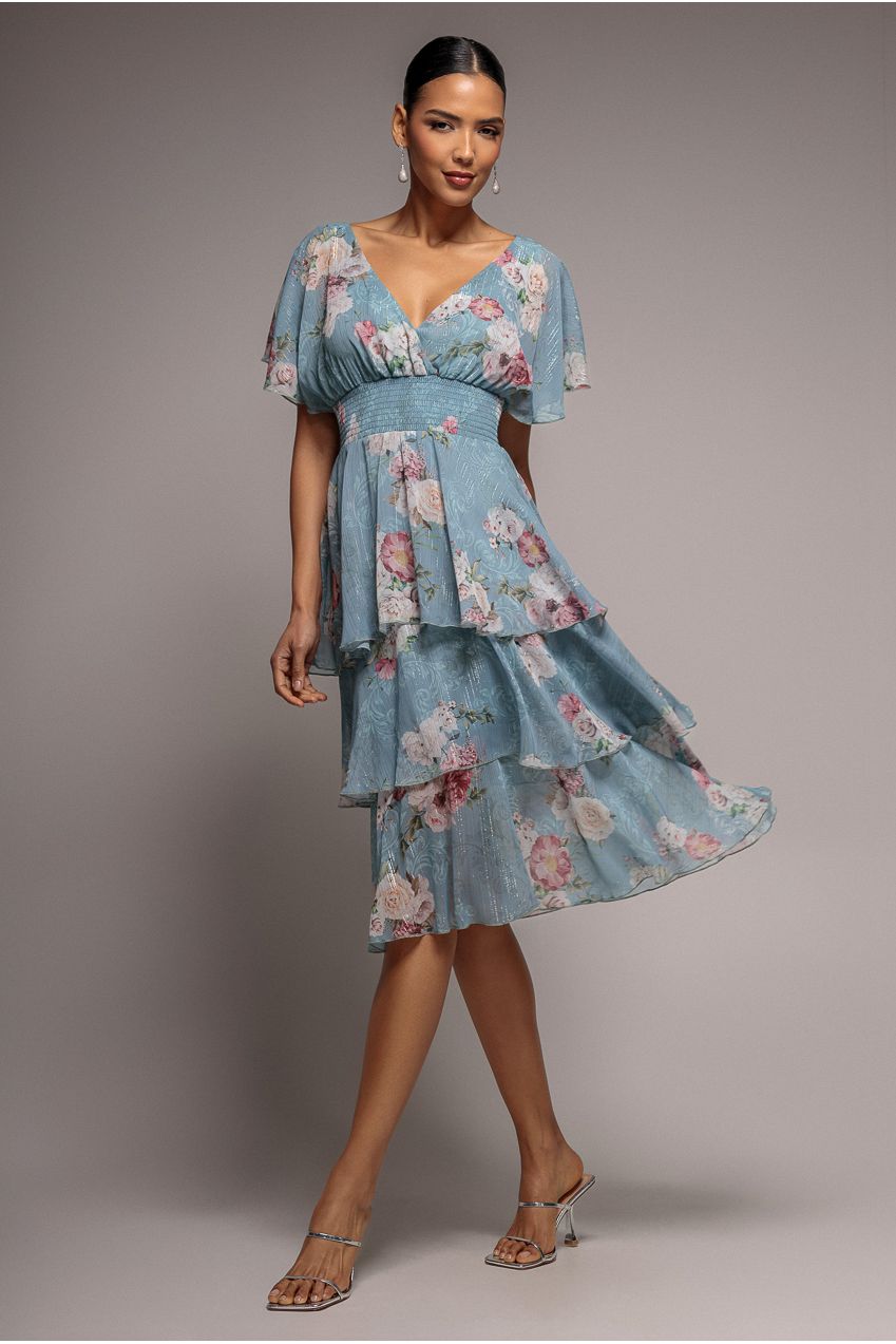 Goddiva Layered Floral Midi With Flutter Sleeves - Airforce Blue