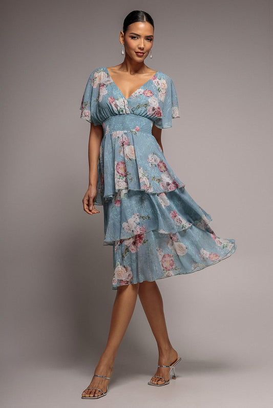 Goddiva Layered Floral Midi With Flutter Sleeves - Airforce Blue