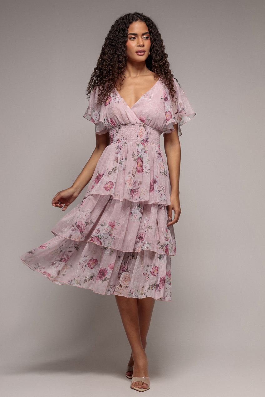 Layered Floral Midi With Flutter Sleeves - Blush by Goddiva